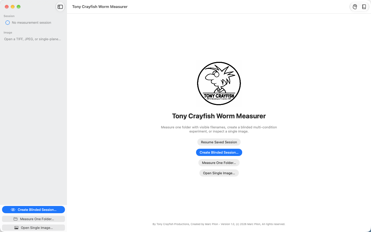 Tony Crayfish Worm Measurer welcome screen on macOS